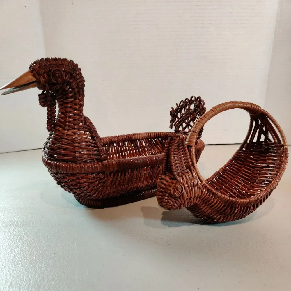 (2) VTG Rattan Wicker Woven Duck Turkey Goose Basket Wooden Beak & Small Rabbit